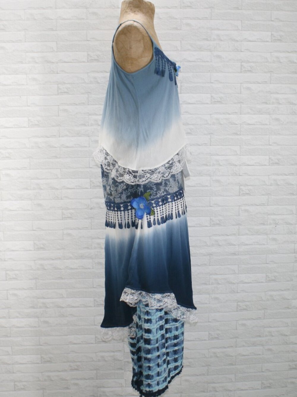 HAND CRAFTED Upcycled Skirt Set Denim Jean Tie Dye Boho Lace Floral Maxi Blue 12 - Picture 2 of 16